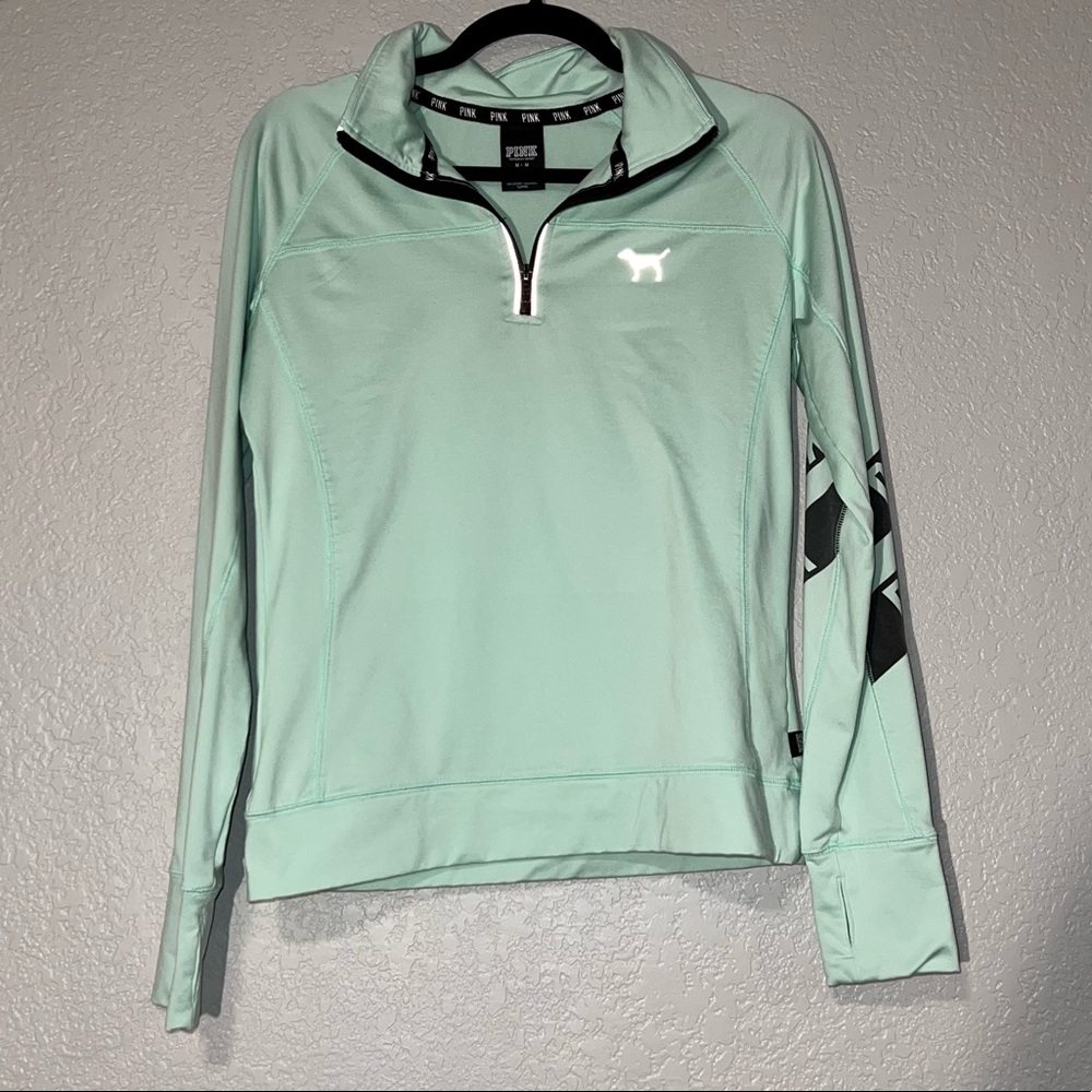 PINK Victorias Secret Medium Mint Green Long Sleeve Quarter Zip with Thumb Holes